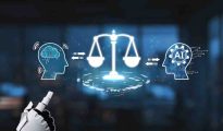 Scales of justice overlaid with dynamic artificial intelligence networks and human brain graphics.