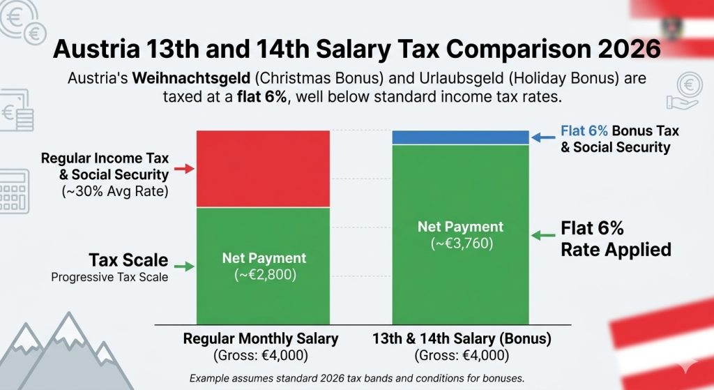 Austria tax guide 2026 – comparison of regular salary tax versus 13th and 14th month bonus tax