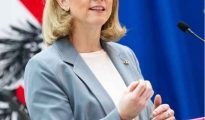 Austrian Foreign Minister Beate Meinl-Reisinger speaking at a press conference on European foreign affairs.