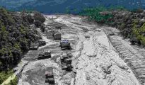 Houses and roads partially submerged in muddy water following catastrophic flash floods in the Nuwakot and Rasuwa districts of Nepal.