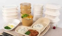 Eco-friendly compostable paper takeaway food containers meeting EU PPWR packaging standards.