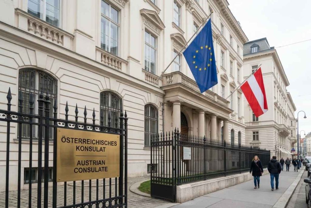 A real photograph showing the grand, classic white stone architecture of an Austrian Consulate building behind a black iron fence. A prominent gold sign reads "ÖSTERREICHISCHES KONSULAT / AUSTRIAN CONSULATE,"