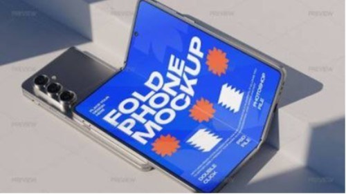 Conceptual design mockup of a book-style foldable smartphone opening along a central hinge.