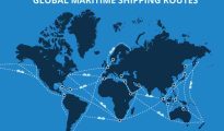 Global maritime shipping map illustrating trade routes and supply chain monitoring.