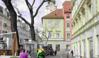 Historic street view of residential buildings in the city center of Graz, Austria.