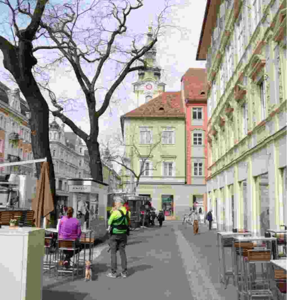 Historic street view of residential buildings in the city center of Graz, Austria.