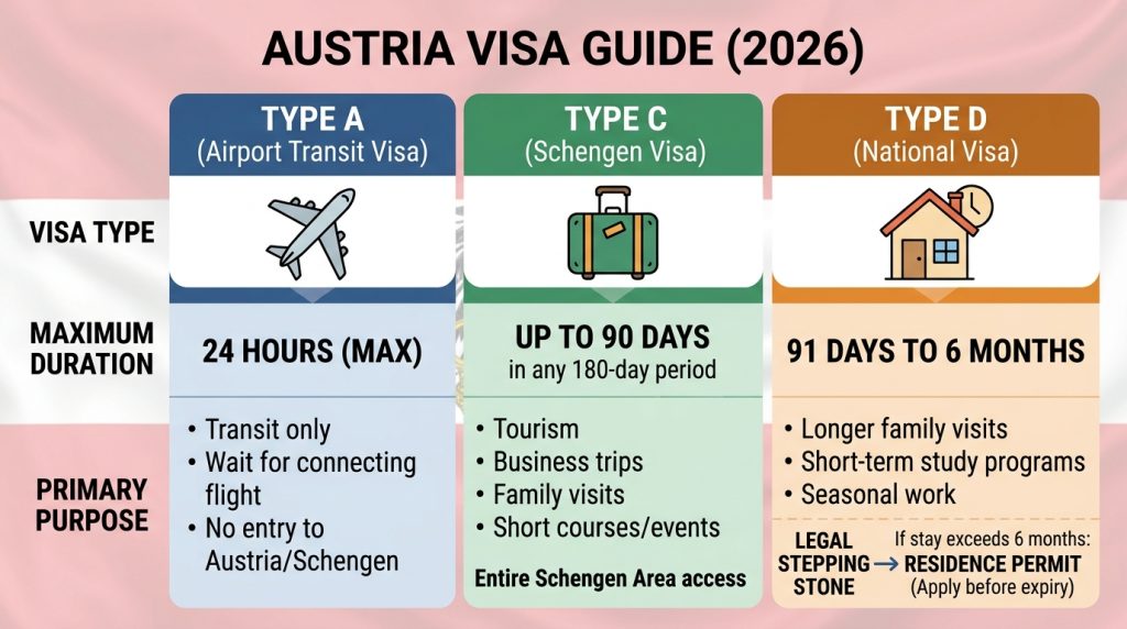 A three-column infographic comparing Austria Visa Types A (blue, transit, 24 hours max), C (green, Schengen, 90 days), and D (orange, national, 91 days to 6 months) by their duration and travel purpose.