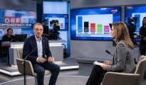 FPÖ leader Herbert Kickl and journalist Simone Stribl during the ORF Sommergespräch television interview in a news studio.