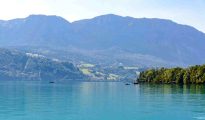 Landscape view across Lake Attersee toward mountain shores in Upper Austria.