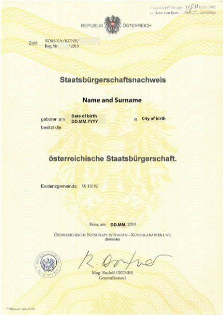 Official Austrian Citizenship Certificate document issued by government authorities.