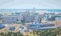 Aerial view of the Paks Nuclear Power Plant complex on the Danube River in Hungary.