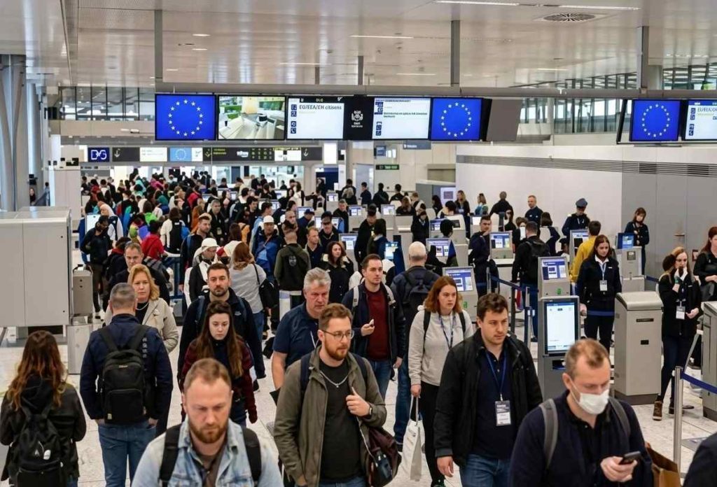 shot of a heavily crowded international airport terminal featuring blue EU flag digital screens, automated self-service biometric passport kiosks, and numerous passengers queuing and walking through the border check area.
