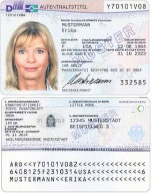 Sample EU Residence Permit card specimen displaying official biometric format.