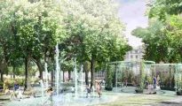 Pedestrians walking past a street misting installation on a warm summer afternoon in Vienna.
