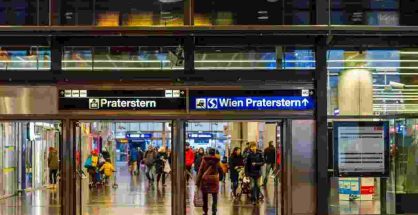 Exterior of Praterstern station with commuters.