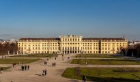 Schönbrunn Palace in Vienna Austria on a clear day with gardens and tourists