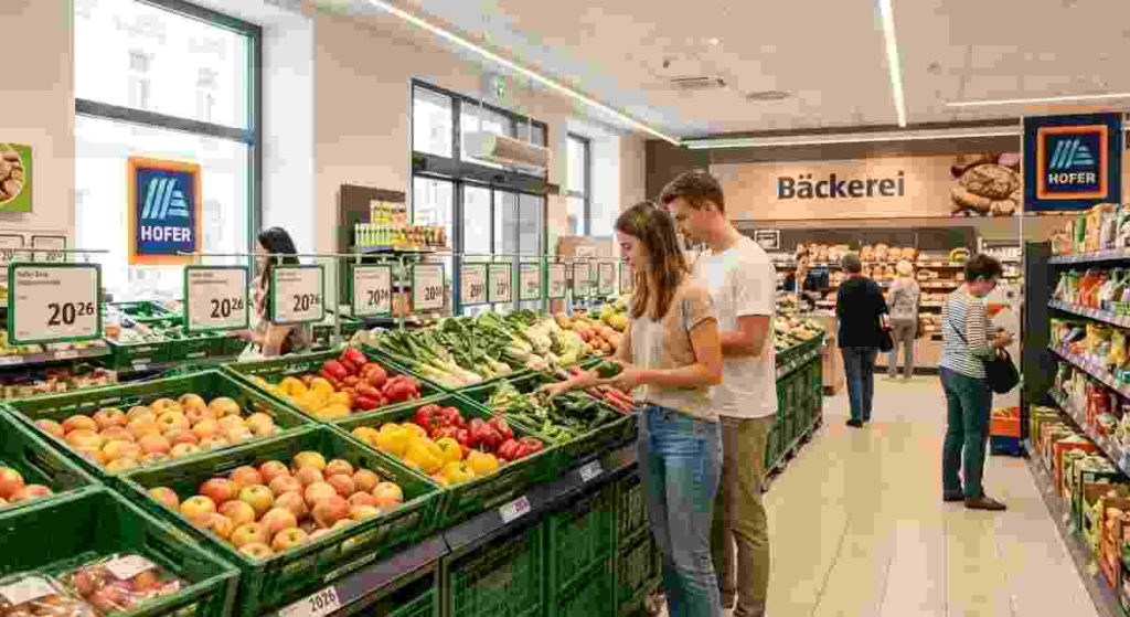 Fresh produce section inside an Austrian supermarket displaying grocery items and prices.