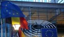 European Union flag outside the European Commission building in Brussels.