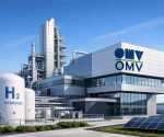 A 3D architectural visualization of OMV's new 100MW green hydrogen electrolysis plant in Austria.