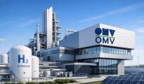 A 3D architectural visualization of OMV's new 100MW green hydrogen electrolysis plant in Austria.