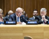 Austrian Chancellor Christian Stocker speaks at the Austria seat during the P4M summit at UN headquarters, September 2026