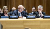 Austrian Chancellor Christian Stocker speaks at the Austria seat during the P4M summit at UN headquarters, September 2026