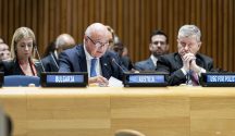 Austrian Chancellor Christian Stocker speaks at the Austria seat during the P4M summit at UN headquarters, September 2026