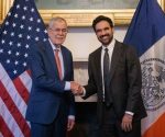 Austrian President Alexander Van der Bellen shakes hands with NYC Mayor Zohran Mamdani in New York
