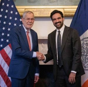 Austrian President Alexander Van der Bellen shakes hands with NYC Mayor Zohran Mamdani in New York